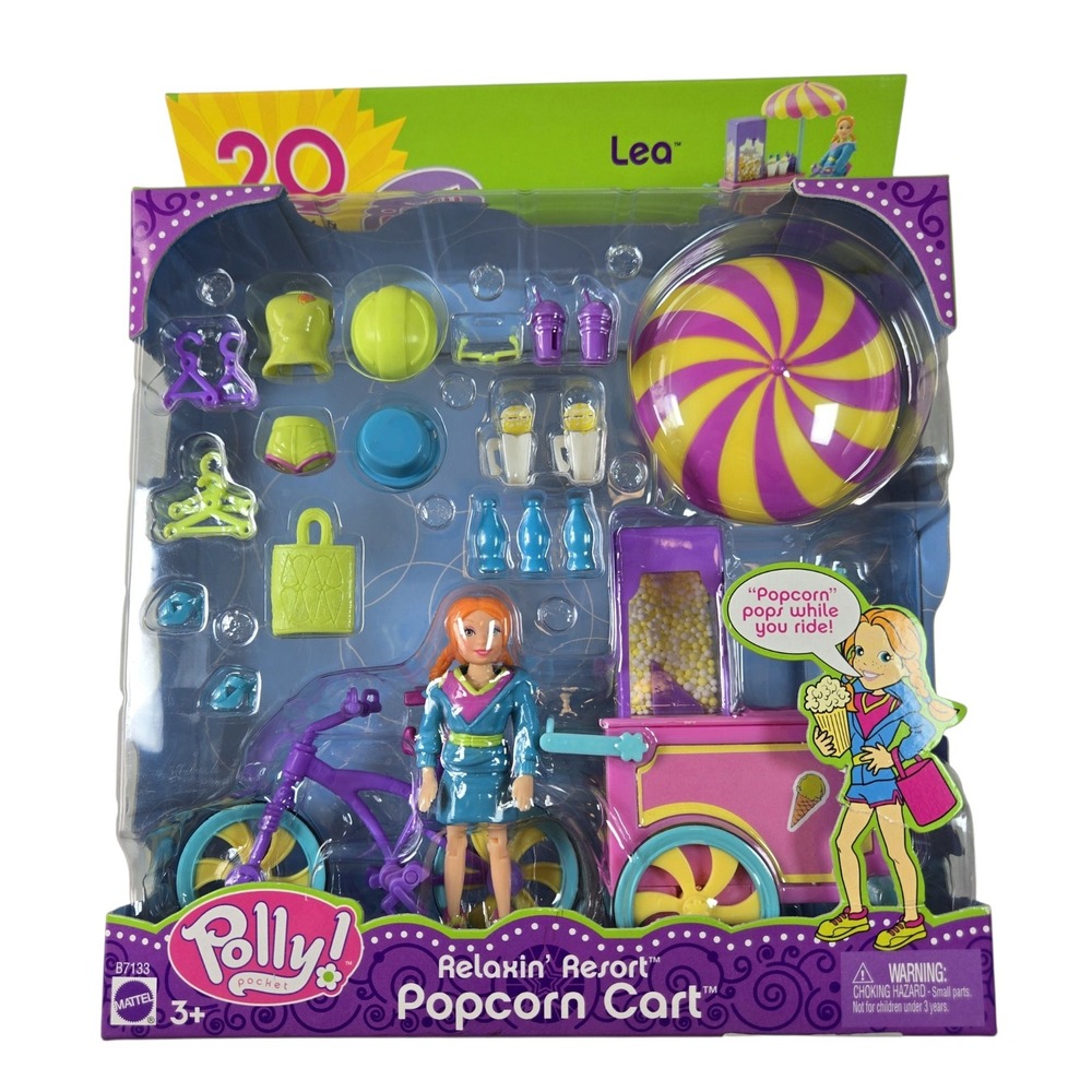 NEW Mattel Polly Pocket Relaxin Resort Popcorn Cart Lea Doll Playset Vintage NIP